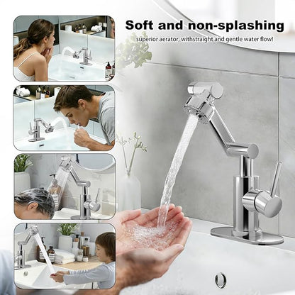 1080° Rotatable Bathroom Faucet, Chrome SUS304, Dual Spray Modes | Universal Height Adjustable Faucet for Farmhouse Sink, Vanity, Washbasin & RV, Single/3-Hole, Anti-Splash Easy Install