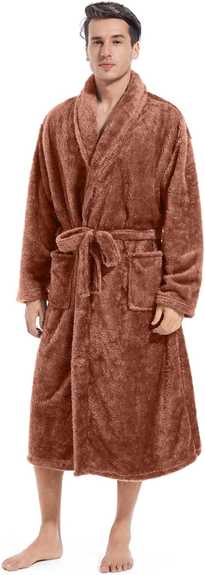Inner Wish Mens Plush Fleece Robe, Cozy Warm Bathrobe Fuzzy Male Spa Long Robe With Pockets (DARK GREY)