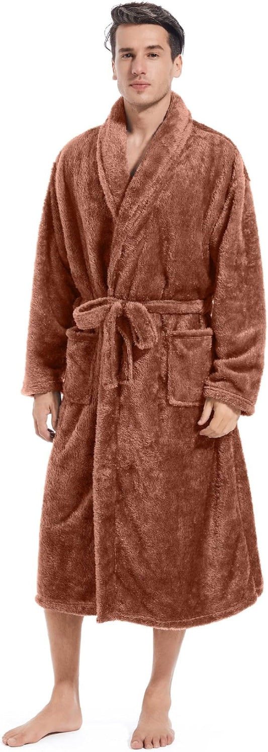 Inner Wish Mens Plush Fleece Robe, Cozy Warm Bathrobe Fuzzy Male Spa Long Robe With Pockets (DARK GREY)