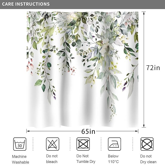 Eucalyptus Shower Curtain, Watercolor Green Leaves on The Top Plant with Floral Bathroom Curtain Bathtub Home Decor Waterproof Fabric Machine Washable with 12 Hooks