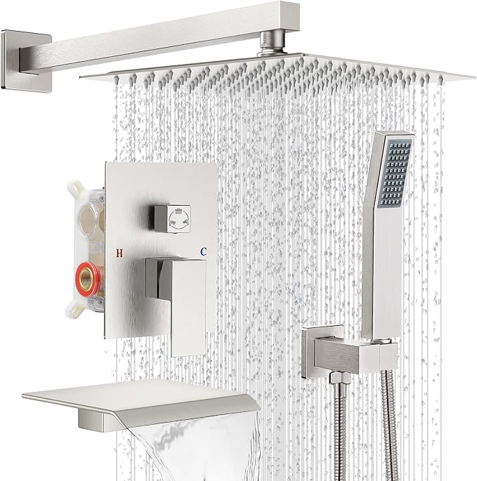 10" Rain Shower Faucet Set with Tub Spout, Brushed Nickel | Anti-scald cartridge, air tech boosts pressure 50%, 3-func diverter, NPT 1/2