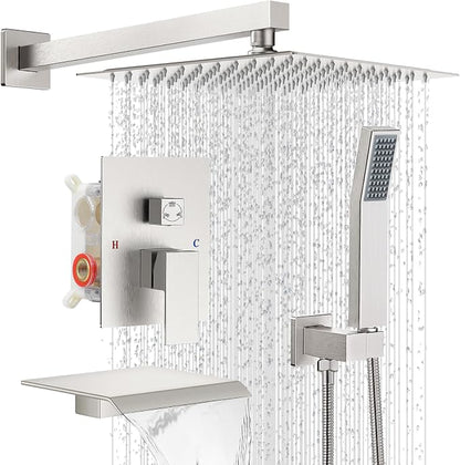 10" Rain Shower Faucet Set with Tub Spout, Brushed Nickel | Anti-scald cartridge, air tech boosts pressure 50%, 3-func diverter, NPT 1/2