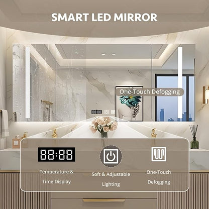 68 Inch Floating Bathroom Vanity with Double Sink, Khaki | Smart LED Defog Medicine Cabinet, Sintered Stone Countertop, Solid Wood, 2 Soft-Close Doors & Drawers, Khaki