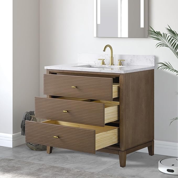 Vanity Art 36" Bathroom Vanity with Single Sink & Arabescato White Engineered Stone Top, Vanity Cabinet with Soft Closing Door, Solid Wood Frame, Golden Brushed Handles, Walnut VA8136-Walnut-GB