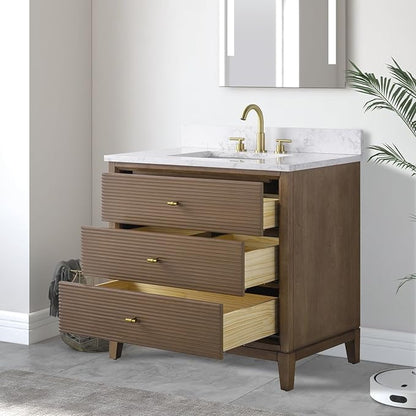 Vanity Art 36" Bathroom Vanity with Single Sink & Arabescato White Engineered Stone Top, Vanity Cabinet with Soft Closing Door, Solid Wood Frame, Golden Brushed Handles, Walnut VA8136-Walnut-GB