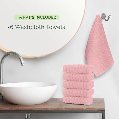 Elegant Comfort 100% Turkish Cotton Corduroy Ribbed Luxury Washcloths 6 Pack Soft 13 x 13 Inch - Higly Absorbent, Durable, Quick Dry, Spa Premium Hotel Quality for Bathroom or Travel, Dusty Rose