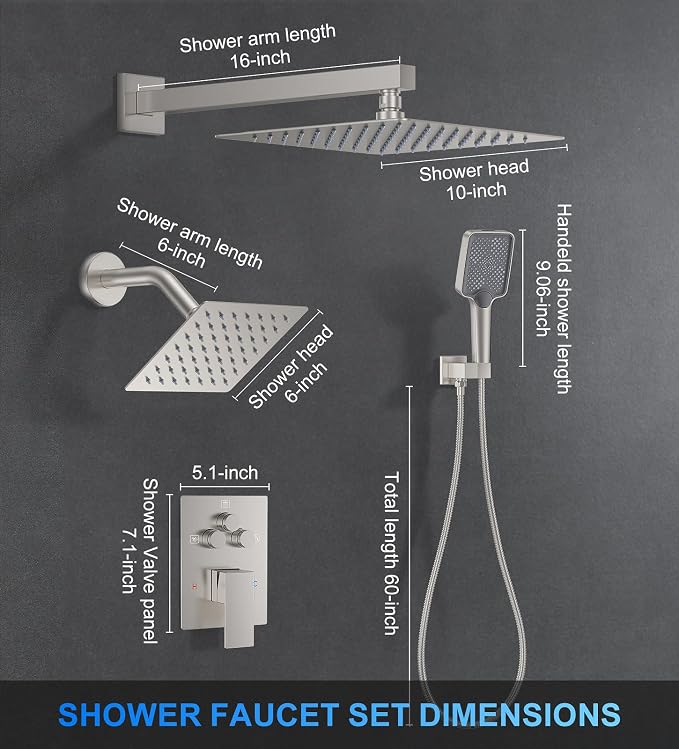 Woindo Shower Faucet Set, 10" Wall Mount Rainfall Shower System with 2 Rain Shower Head and Multi-function Handheld Head Push Button Diverter Shower Faucet Trim Kit