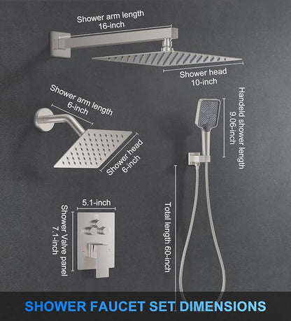 Woindo Shower Faucet Set, 10" Wall Mount Rainfall Shower System with 2 Rain Shower Head and Multi-function Handheld Head Push Button Diverter Shower Faucet Trim Kit