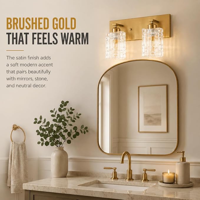 Brushed Gold Crystal Bathroom Vanity Light,2 Lights Modern Bathroom Wall Light,Over Mirror Light Fixtures for Living Room, Bedroom, Hallway