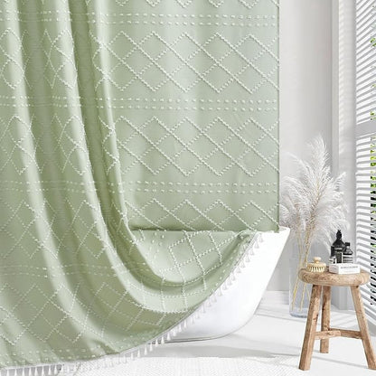 Siiluminisoy Boho Green Shower Curtain Woven Fabric Cute Shower Curtain with Tassel, 72 x 72 Tufted Chevron Textured Striped Modern Farmhouse Minimalist Cloth Shower Curtain for Bathroom