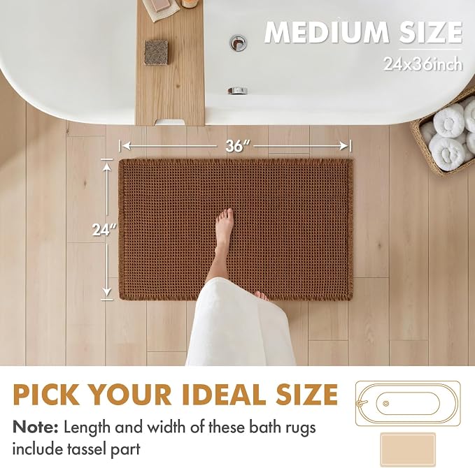 MIULEE Set of 2 Waffle Bathroom Rugs Boho Bath Mat Caramel 24x36 Inch | Non Slip, Super Absorbent, Washable, Ultra Soft, Rubber Backed, Large Bath Rugs for Bathroom Floor Tub Shower