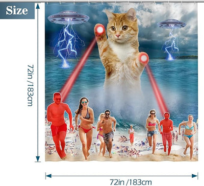 Aimego Funny Cat Shower Curtains for Bathroom - Cute Cool Ocean Cat with Weird Adults Beach UFO Fun Bath Shower Curtain Set with 12 Hooks for Adults Kids Bathroom Decor Accessories, 72"x72"