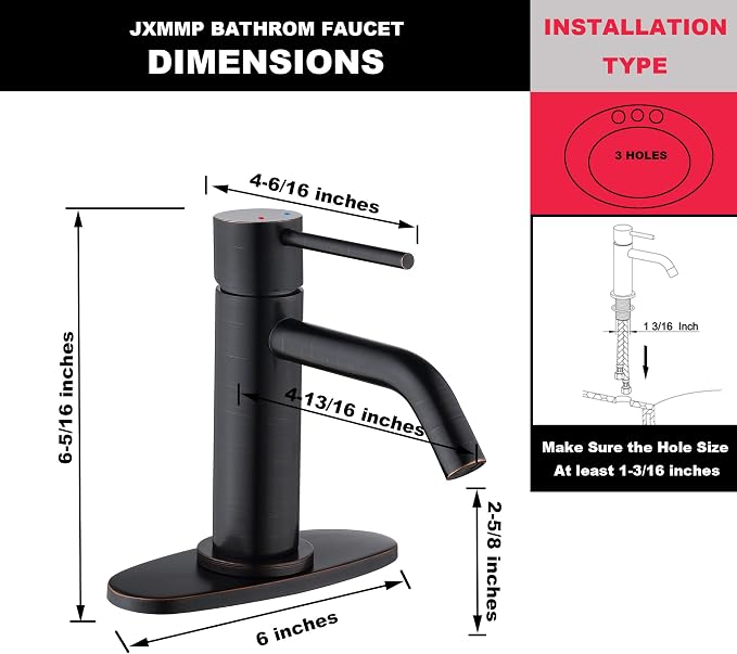 Oil Rubbed Bronze Bathroom Faucets Single Hole with 6 inch Deck Plate, JXMMP 1 Handle Rubbed Bronze Faucet for Bathroom Sink with Pop Up Drain and Water Faucet Supply Lines