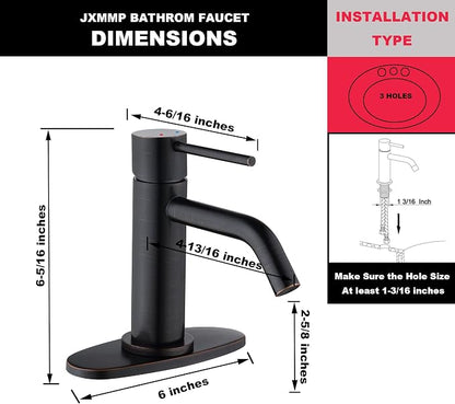 Oil Rubbed Bronze Bathroom Faucets Single Hole with 6 inch Deck Plate, JXMMP 1 Handle Rubbed Bronze Faucet for Bathroom Sink with Pop Up Drain and Water Faucet Supply Lines