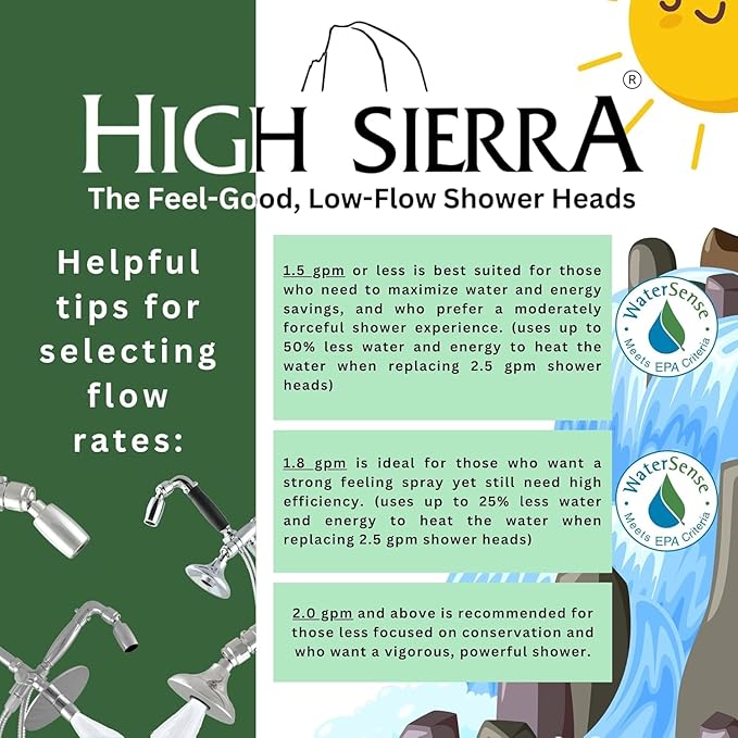 High Sierra® Solid Lead-Free Metal Handheld Shower Head, Built-in Trickle Valve, Patented single Nozzle Never Clogs. Shower Hose and Holder Not Included. Low Flow 1.8 GPM. Polished Brass