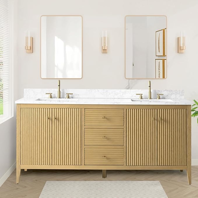 HOMEBEYOND 72" Bathroom Vanity with Double Sink, Solid Wood Bathroom Vanity Free-Standing Cabinet, Ceramic Top & Soft Closing Door, Golden Brushed Handware,Natural Oak