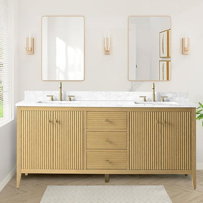 HOMEBEYOND 72" Bathroom Vanity with Double Sink, Solid Wood Bathroom Vanity Free-Standing Cabinet, Ceramic Top & Soft Closing Door, Golden Brushed Handware,Natural Oak