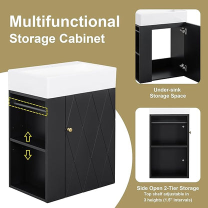 20" Floating Bathroom Vanity with Sink, Soft Closing Door,and Storage Shelves, Solid Wood Frame & MDF Modern Single Small Bathroom Vanity Cabinet with Open Shelf,Wall Mounted Black