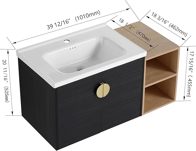 SSLine Modern 40" Floating Bathroom Vanity with Ceramic Sink Wall Mounted Bathroom Vanity with Top Basin &Storage Cabinet&Side Open Shelf Elegant Wood Vanity Sink Cabinet for Small Space(Black Gold)