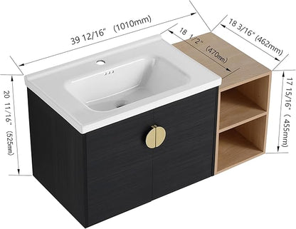 SSLine Modern 40" Floating Bathroom Vanity with Ceramic Sink Wall Mounted Bathroom Vanity with Top Basin &Storage Cabinet&Side Open Shelf Elegant Wood Vanity Sink Cabinet for Small Space(Black Gold)