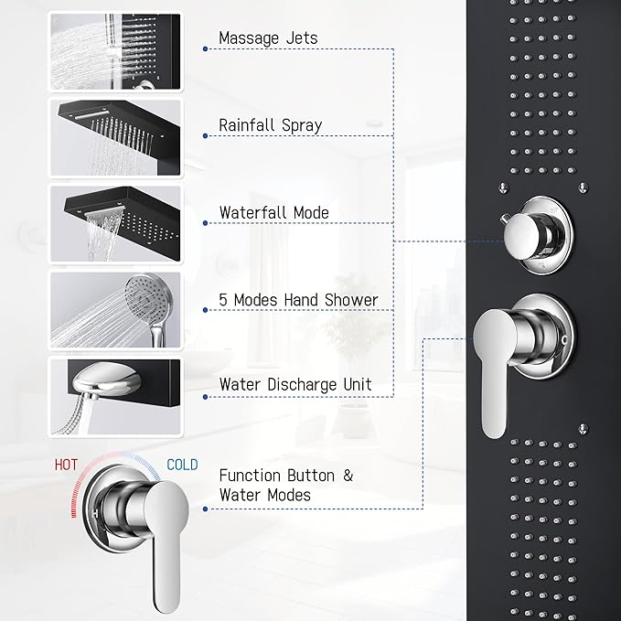 Shower Panel System, Multi-Function Shower Tower With 4 Body Spray, 5 Handheld Settings, Shelf & Adjustable Height, Rainfall + Waterfall Shower Head, Rain Massage Spa System