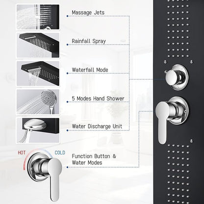 Shower Panel System, Multi-Function Shower Tower With 4 Body Spray, 5 Handheld Settings, Shelf & Adjustable Height, Rainfall + Waterfall Shower Head, Rain Massage Spa System
