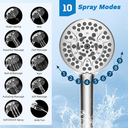 Hibbent High Pressue All Metal 10" Rainfall Shower Head, Handheld 10-Spray | cUPC Certified Chrome Dual Showerhead Combo, 4-way Diverter with Pause Mode, Brass Extension Arm, 71'' Shower Hose & Holder