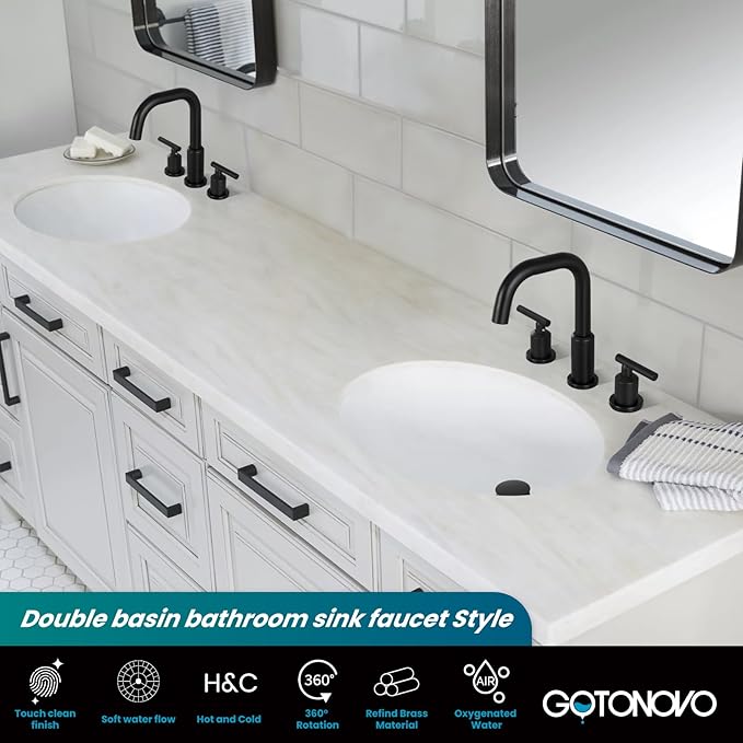 gotonovo 8 Inch Widespread Bathroom Sink Faucet 3 Hole 2 Handles Lavatory Basin with Pop Up Drain with Hot and Cold Mixer Valves Vintage Matte Black