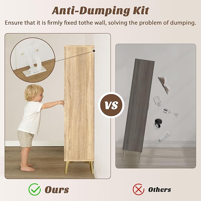 JASIWAY Tall Bathroom Storage Cabinet with Doors and Shelves, 57" Linen Floor Storage Cabinet for Laundry Entryway, Wood Freestanding Pantry with Metal Handle, Adjustable Shelves, Anti-Tipping Device