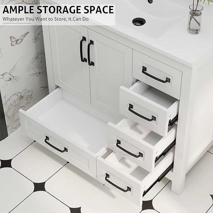 eclife 36" Bathroom Vanities with Sink Combo, Modern Thickened Wood Bathroom Storage Cabinet w/Undermount Sink, Matte Black Faucet Drain, Painted Surface, White