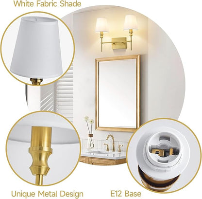 Bathroom Light Fixtures Over Mirror,Brush Brass Vintage Wall Sconces, 2-Light Bathroom Vanity Light With Flared White Fabric Lampshade For Bedroom,Living Room,Hallway,Foyer,Hardwired, E12 Base