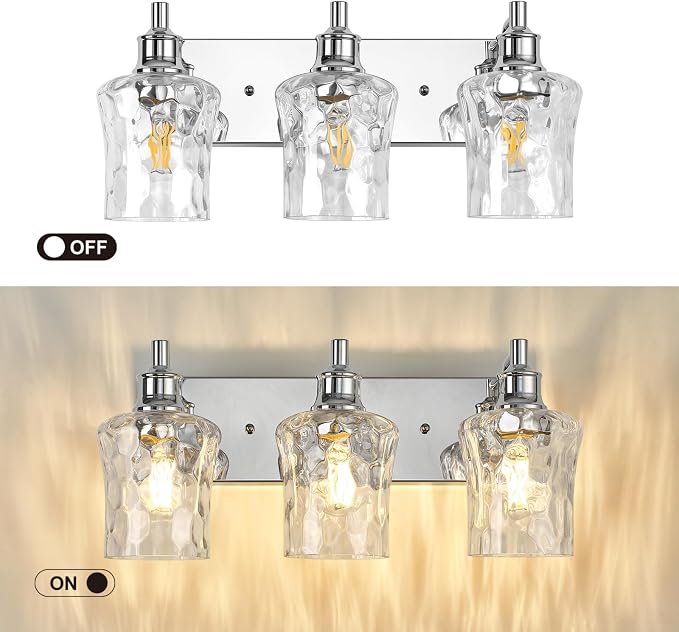 Farmhouse Chrome Vanity Light, 3 Light | Bathroom Lighting Fixtures, Over Mirror, Hammered Glass Lampshade, For Cabinet Mirror Bedroom Hallway