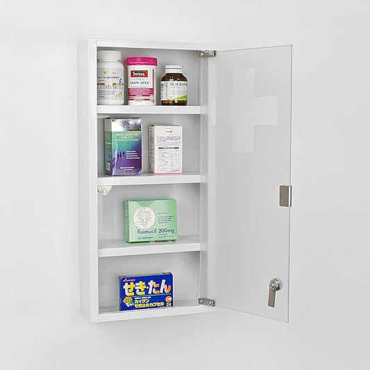 Locking Stainless Steel Medicine Cabinet, 4 Tier Wall Mounted Storage Cabinet, Durable Stainless Steel, Surface or Flush Mount, Ideal for Home, Office or First Aid, 10.6 * 4.7 * 22.4