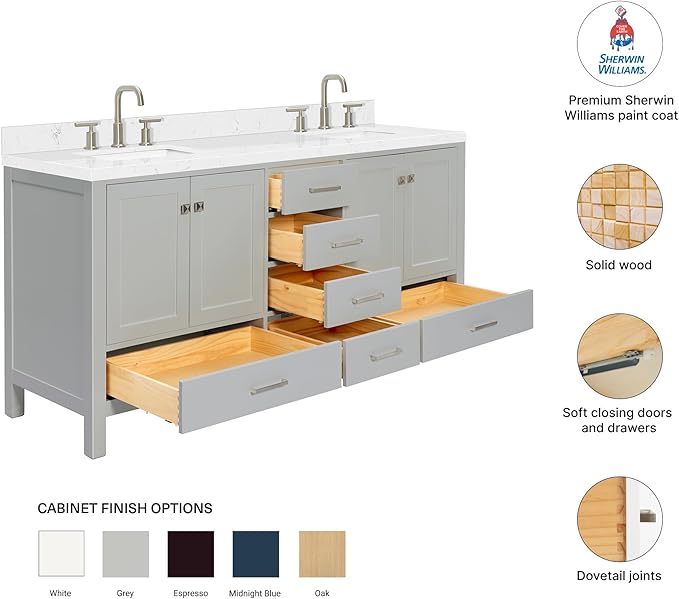 DKB Beckford 72 Inch Bathroom Vanity Double Sink — Grey Bathroom Vanity with Sink, 1.5" Edge Carrara White Quartz Countertop & Backsplash, 4 Soft-Close Doors, 6 Dovetail Drawers