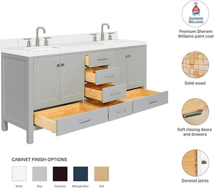DKB Beckford 72 Inch Bathroom Vanity Double Sink — Grey Bathroom Vanity with Sink, 1.5" Edge Carrara White Quartz Countertop & Backsplash, 4 Soft-Close Doors, 6 Dovetail Drawers