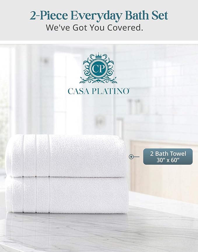 Casa Platino 100% Cotton 2 Pack Bath Towels (30"x60") - Ring Spun Cotton - Large Towels for Bathroom - Quick Drying, Highly Soft & Absorbent Shower Towel Set - Hotel & Spa Quality - White Towel Set