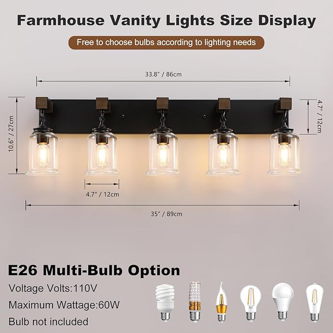 Farmhouse Bathroom Light Fixtures, 5 Light Black Vanity Light, Industrial Style with Clear Glass Shades, Wood Bathroom Lighting Fixtures Over Mirror for Bedroom, Living Room