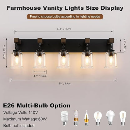 Farmhouse Bathroom Light Fixtures, 5 Light Black Vanity Light, Industrial Style with Clear Glass Shades, Wood Bathroom Lighting Fixtures Over Mirror for Bedroom, Living Room