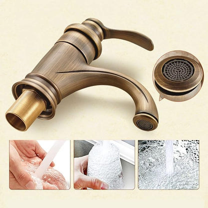 Vintage Bathroom Faucet, Cold Hot Mixer Vanity Tap, Single Hole, Antique Brass High, Gold(Antique)