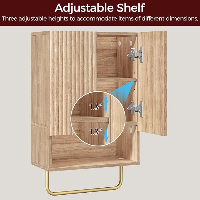 Bathroom Wall Cabinet, Wall Mounted Medicine Cabinets with Towel Bar & Adjustable Shelf, Over The Toilet Space Saver Storage Cabinet with 2 Doors, for Bathroom Laundry Room Kitchen, Natural