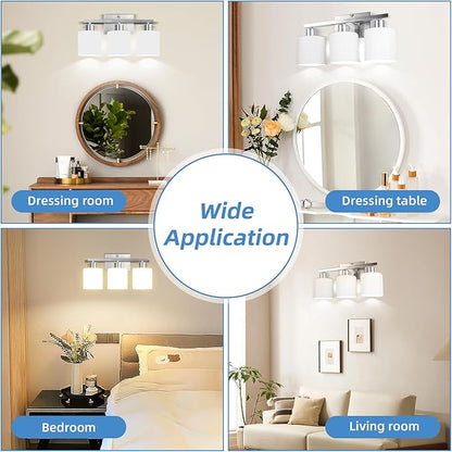 SILAMPDI Bathroom Light Fixtures Brushed Nickel, 3-Light Bathroom Lights Over Mirror, Bathroom Vanity Lights for Bedroom, Living Room, Hallway, Milky White Glass Shades, E26 Base, Bulbs Not Included