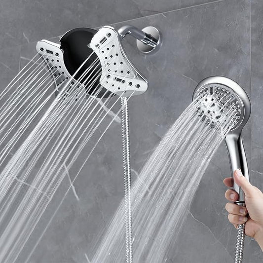 GRICH Shower Head with Handheld Spray - Dual High Pressure Showerhead | Rainfall Shower Heads Combo, Detachable Hand Shower, 9 Spray Settings, 60" Stainless Steel Shower Hose, 1.8GPM, Chrome