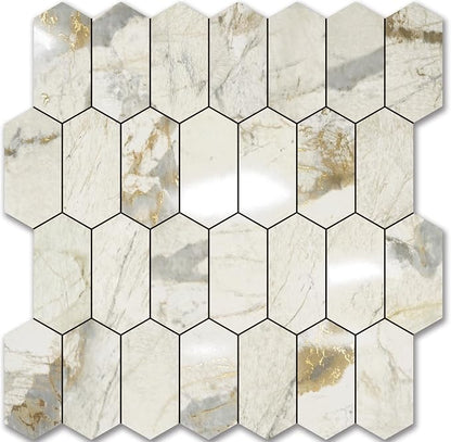 Vamos Tile Long Hexagon Peel and Stick Backsplash Tile - 10 Sheets Stick on Backsplash for Kitchen and Bathroom 12.4 x 12 Inch Glossy Pandora Marble with Gold Veining PVC Self Adhesive Wall Tiles