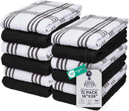 DAN RIVER Black Kitchen Towels,12 Pack,16x26 Inches Absorbent Dish Towels | 100% Cotton Absorbent Soft cotton kitchen towels for drying dishes, Quick Dry, Dish Towels for kitchen,Tea and Bar towels set