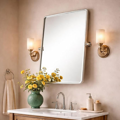 Farmhouse Pivot Rectangle Bathroom Mirror Chrome Metal Framed Tilting Beveled Vanity Mirrors for Wall, Overall 27.91x 30 inches (Mirrror 24 x 30 inches)