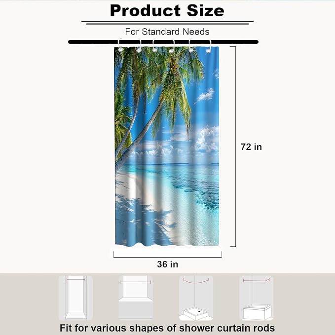 Beach Modern Ocean Shower Curtain Coastal Summer Tropical Palm Tree Trendy | Nature Shower Curtains for Bathroom, Waterproof Bath Curtain with Hooks Machine Washable Bathtub Curtains 36x72 Inch Blue