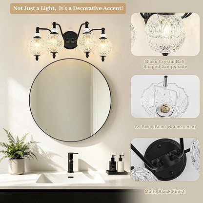 4-Light Matte Black Bathroom Vanity Light, Farmhouse Wall Sconce with Globe Glass Shades, Mid Century Retro Mirror Light for Bathroom, Powder Room