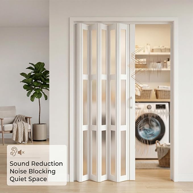 SmartStandard 48" x 80" Accordion Doors with Frosted Acrylic Glass, White | Save Space, Full-Side Magnetic Strip, Double-Layer PVC Accordion Doors Interior for Doorway Closet, Easy to Assemble