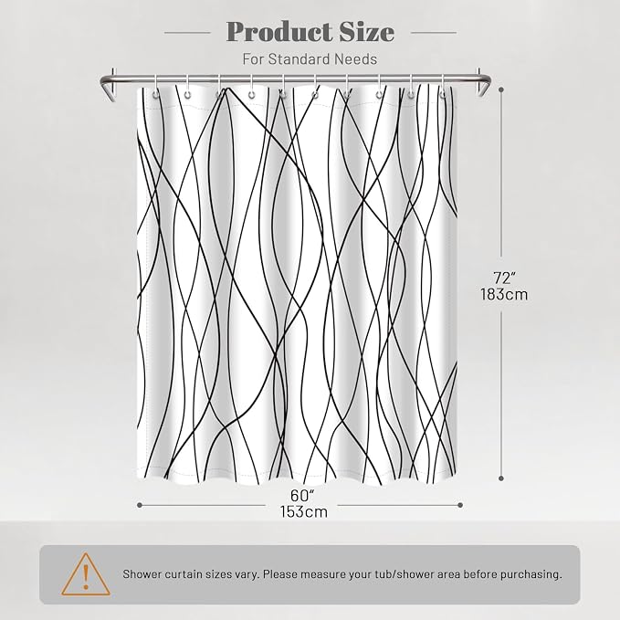 Striped Shower Curtain for Bathroom, White Black, 60" W x 72" L | with Hooks, Modern Hotel Style, Water Repellent, Washable, Weighted Hem