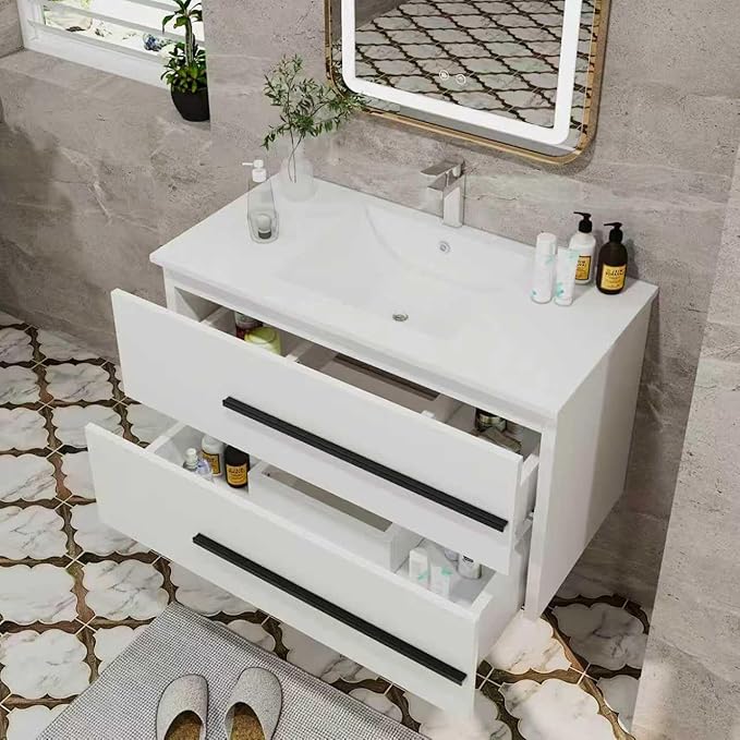 36" Floating Bathroom Vanity, Modern Wall Mounted Bathroom Vanity Storage Cabinet with Double Drawers & Black Handles,Bathroom Sink Cabinet for Small Space Luxury (White Without Sink, 36")